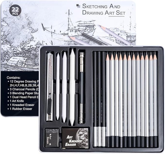 Drawing Sketching Pencil Set, 22 PCS Graphite and Charcoal Pencils with Blending Stumps, Erasers, Art Knife & Pencil Extender in Metal Box, Artist Sketching Supplies for Drawing & Shading (22 Pcs)