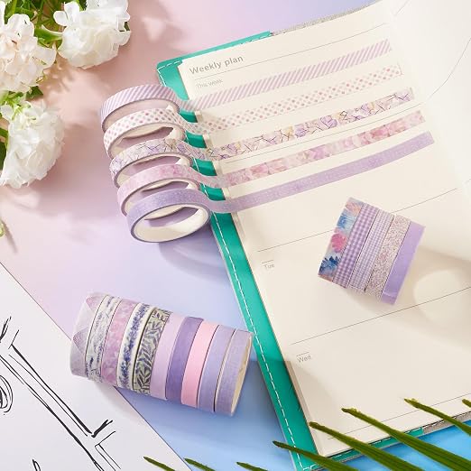 20 Rolls Scrapbook Tape 7 mm Cute Decorative Tape Set Floral Tape Pack Purple Aesthetic Colored Tape Rolls Stickers for Crafts DIY Scrapbook Bible Study Journaling Planner Supplies