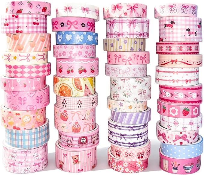 Bomichi Washi Tape Set - 42 Rolls Cute Pink Bow Decorative Scrapbook Tape