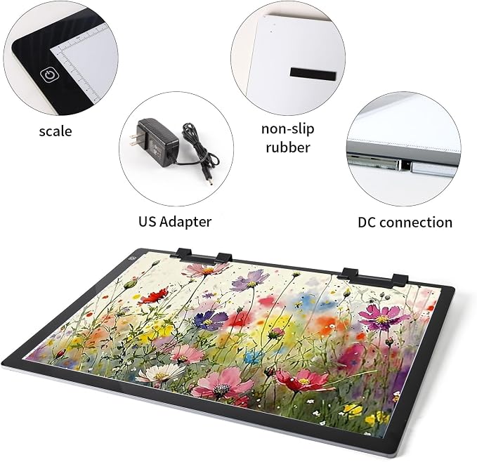 Zocelight A2 Light pad,7mm Ultra-Thin led Light Box,3 Levels Dimming/Stepless Dimming Light Table with 2 Clips and 12V 2A Adapter,Large Light Board for Diamond Painting,Drawing,Sketching,Tattoo
