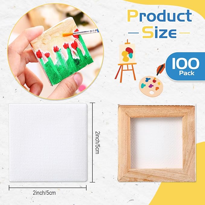 Maitys 100 Pcs 2 x 2 Inch Mini Canvas Panels Bulk Small Stretched Canvas Blank Square Boards for Painting Teenagers Art Kids Craft Oil Acrylics