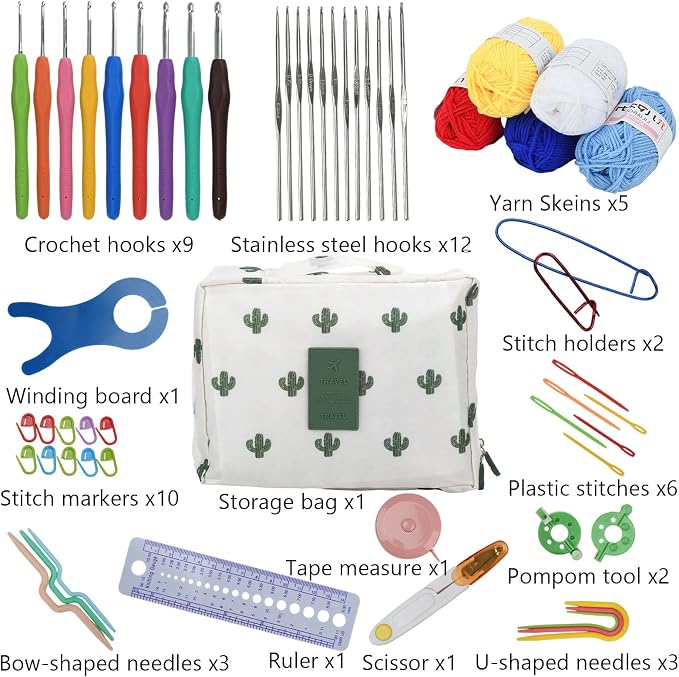 BJSSBJH Crochet Tools and Supplies Set, 57-Piece Crochet Hook Kit with Yarn and Accessories, Portable Craft Tool Kit for Adult Beginners and Experienced Crafters (C Style)