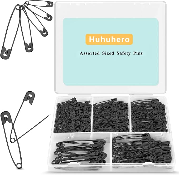 Huhuhero 340 Pack Black Safety Pins Assorted, 5 Different Sizes Pin Bulk