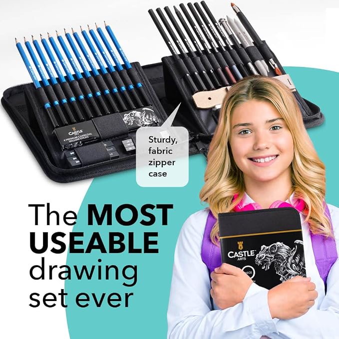 Castle Art Supplies 40 PieceDrawing, Sketching and Charcoal Set for Artists | Pencils, charcoal, and graphite for artists, professionals, and beginners alike - carry-anywhere zipper case included