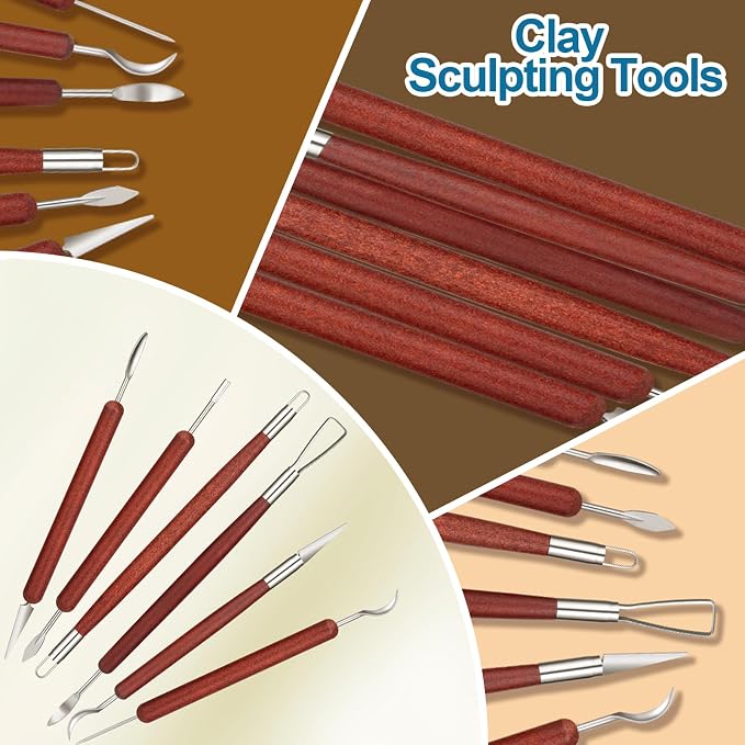 Amrules 6 Pcs Double-Ended Clay Carving Tools Set for Adults, Red | Double-Ended Stainless Steel Tips, Smooth Wood Handles, 12 Shapes for Shaping, Smoothing & Detailing, Ideal for All Levels