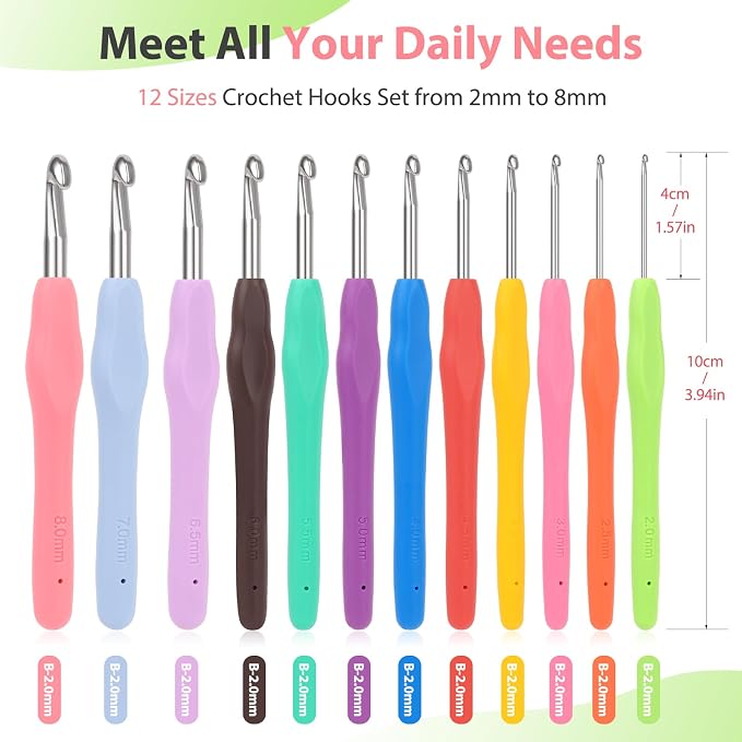 Coopay Crochet Hooks Set with Case,Crochet Hook Kit for Arthritic Hands | 12 Sizes Ergonomic Soft Grip Crochet Needles Set for Beginner Adults-2mm(B)-8mm(L)-Ideal Gifts