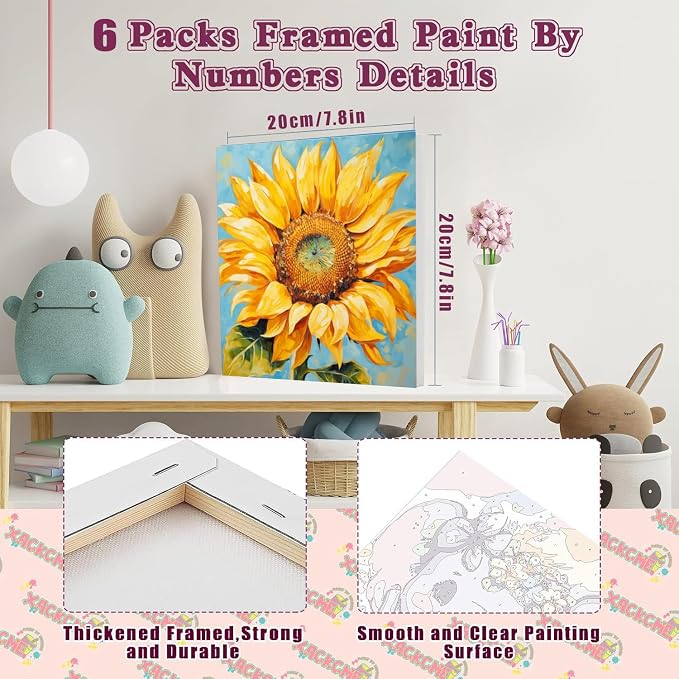 SYDYLH 6 Pack Paint by Numbers Kit for Adults/Kids, Easy Framed Adults Paint by Numbers Kits, DIY Simple Flowers Acrylic Oil Painting Number Kits for Home Wall Decor (8 x 8 Inch)