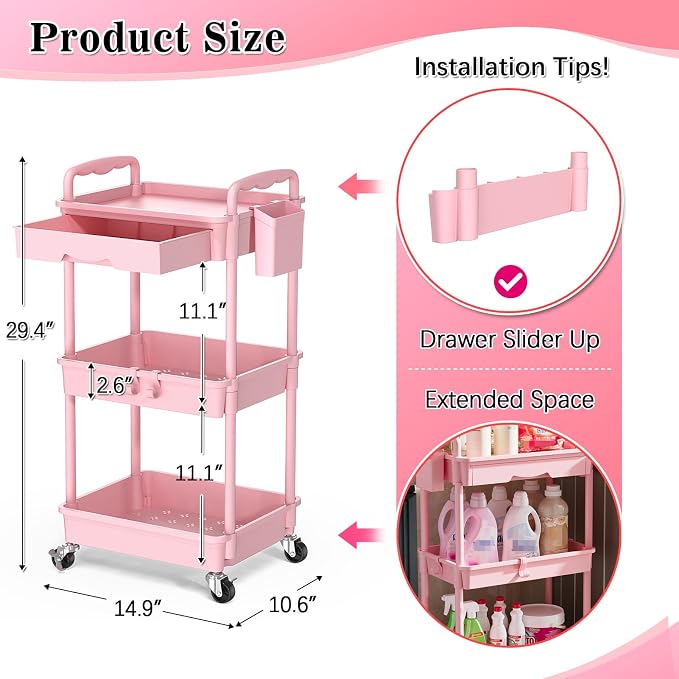 SUNALLY 3 Tier Rolling Cart with Drawer, Craft Storage Cart Organizer, Pink