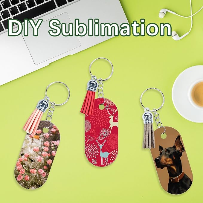 GEKIXUTP 160 Pcs metal Sublimation Keychain Blanks Bulk,Double Sided Sublimation Blanks Keychain Heat Transfer Keychain Blanks with Tassels,Sublimation Ornament Blanks key chain