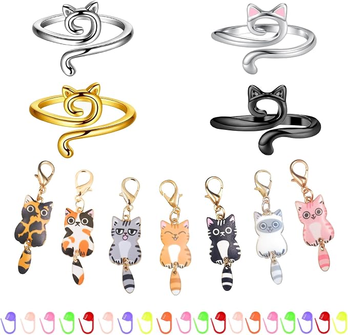 4PCS Adorable Crochet Rings with 7PCS Cat Stitch Markers and 20PCS Stitch Needle Clip Counter,Adjustable Tension Rings for Finger Accessories and Gadgets,Ideal Yarn Guide Ring Knitting Tools for Women