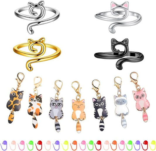 4PCS Adorable Crochet Rings with 7PCS Cat Stitch Markers and 20PCS Stitch Needle Clip Counter,Adjustable Tension Rings for Finger Accessories and Gadgets,Ideal Yarn Guide Ring Knitting Tools for Women