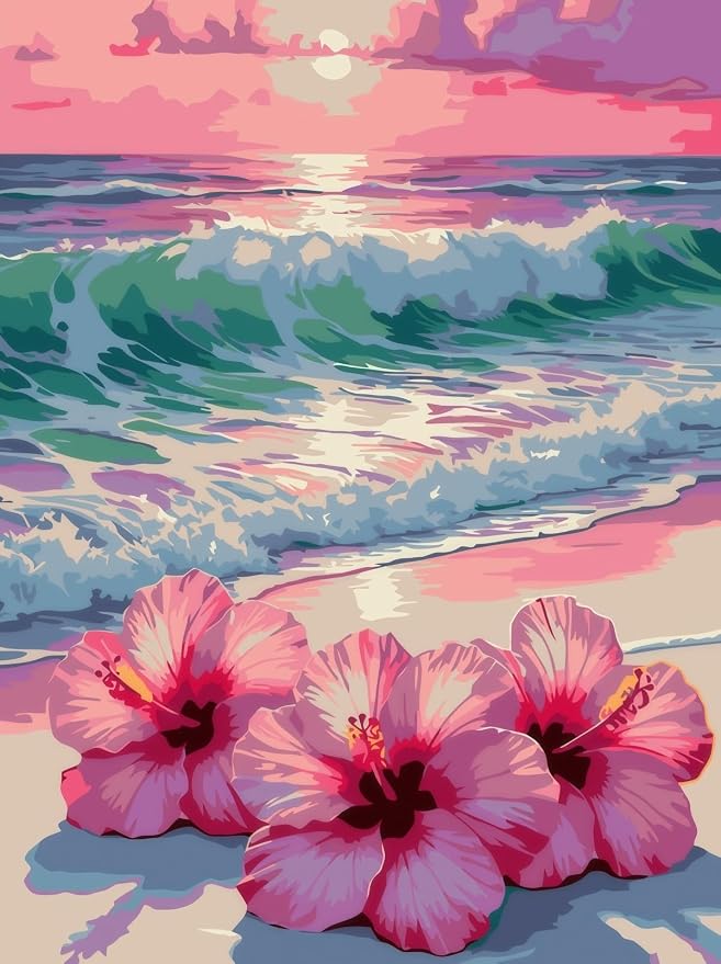 BYGFHLYW Beach Flower Paint by Numbers Kit for Adults Beginners 12x16In | Easy Adult Paint by Number Kits On Canvas, DIY Acrylic Oil Painting Kits for Home Wall Decor