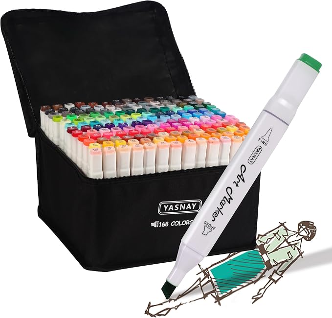 YASNAY Alcohol Markers 168 Colors Dual Tip Fine & Chisel Art Markers Set | Confirm to ASTM D4236 Refillable Permanent Alcohol Based Markers Set for Artists Beginners Drawing Illustration Sketching