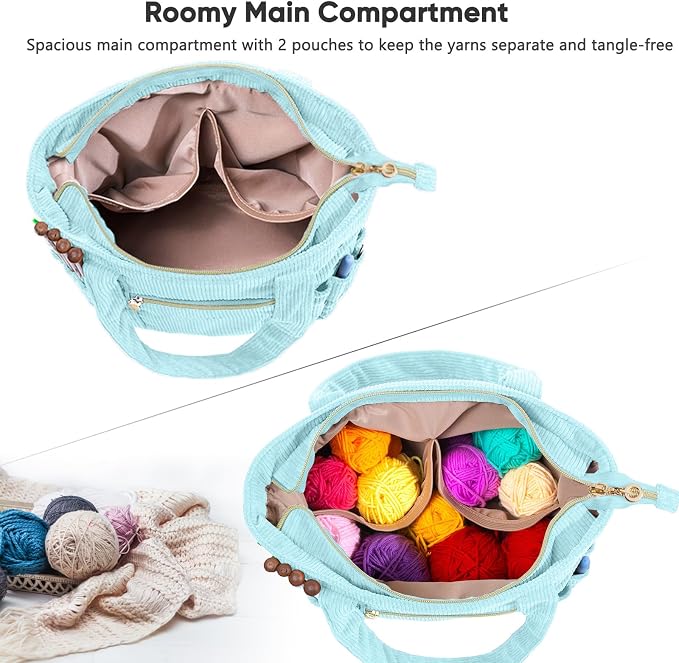 MYBAGZING Corduroy Crochet Bag 11.5" Large Yarn Storage Tote with Grommets, Needle Holders – Knitting Bag Organizer for Crochet Hooks, Accessories, Tools & Projects –Gift for Knitters & Crafters