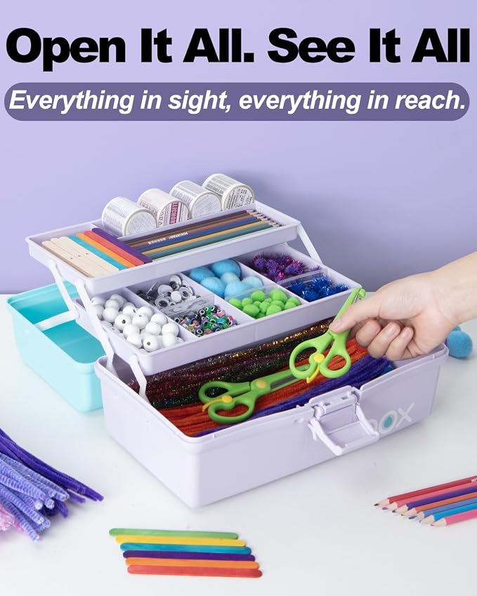 TERGOO 12in 3-Layer Plastic Craft Organizers and Storage, Portable Folding Tackle Box with Handle & Adjustable Dividers, Multipurpose Case for Sewing, Art Supplies, Medicine, Tools (Purple Blue)