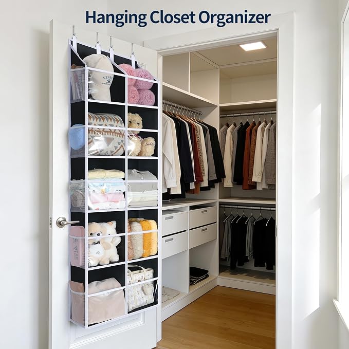 Yecaye 80lb Clear Door Hanging Yarn Storage Organizer, 10 Large Plastic Pockets & 10 Mesh Pockets Over the Door Crochet Organizer, 5 Tier Yarn Ball Storage for Knitting Needles, Black