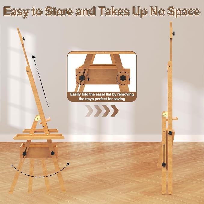 Large Beech Wood H-Frame Easel, Professional Painting Easel with 2 Palette | Multi-Function Studio Easel, Professional Foldable Artist Easel Stand for Painting, Holds Canvas Art up to 36"