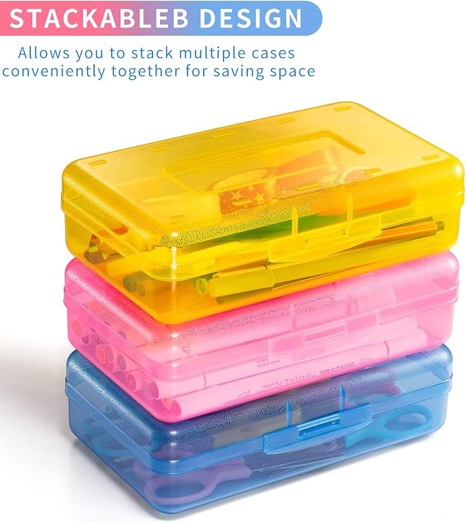 Sooez Plastic Pencil Case Box 6 Pack, Colored Large Craft Storage Bulk