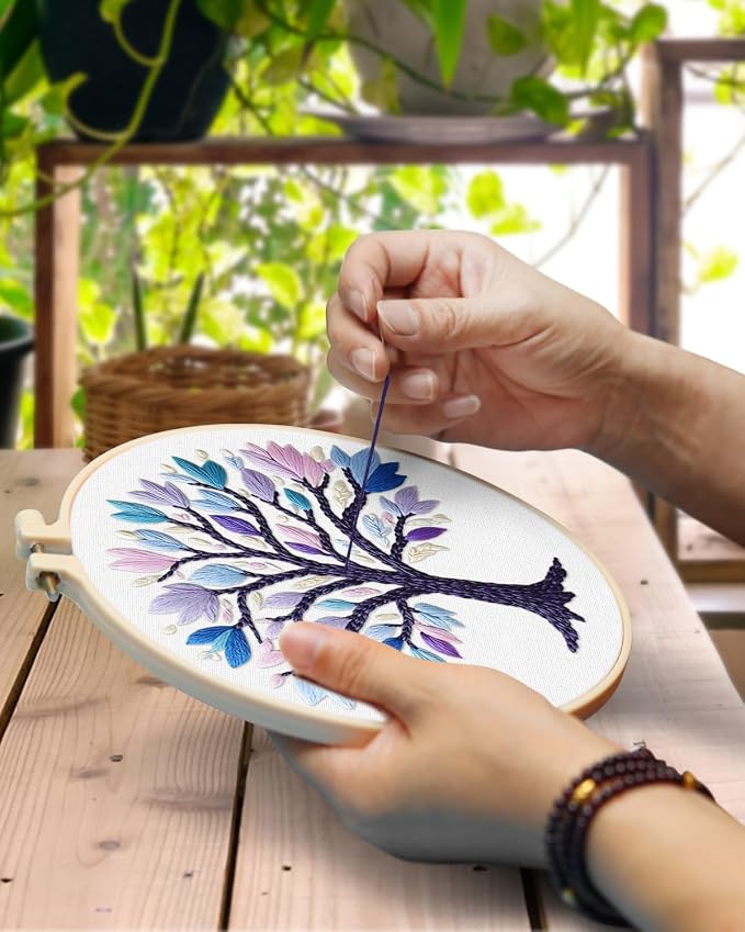 TINDTOP Embroidery Kit for Adult, 3 Pack Embroidery DIY Starter Kit | with Stamped Patterns, Hoop, Tools, Colorful Threads with Needles, Instructions (Color Tree)