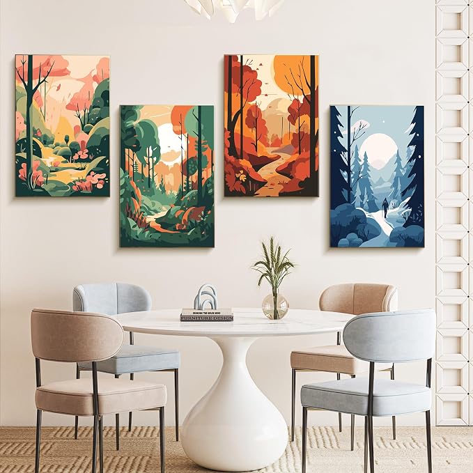 4 Pack Framed Paint by Numbers Kit for Adults with Wooden Easel, 8x12 Inch | Four Seasons Landscapes, Easy DIY Acrylic Canvas Craft Kit with Frame for Beginners, Home Decor, Stress Relief Relaxing Gift