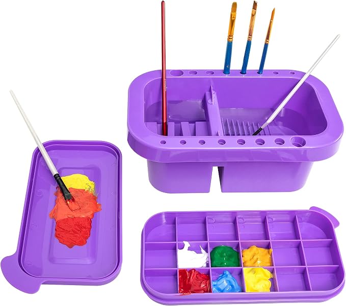 MyLifeUNIT Paint Brush Cleaner, Paint Brush Holder with Palette, Purple | 18 mixing wells, 16 slots fitting 0.24-0.63 in diameters, 3 washing compartments, removable tray lid