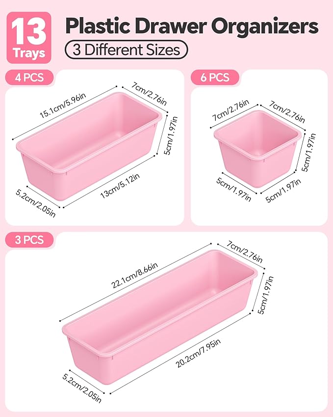 Canfanni 13 Pack Plastic Drawer Organizers Set, 3 Sizes Desk Drawer Organizer Trays for Vanity and Makeup Organizer, Organization and Storage for Makeup, Kitchen Utensils, Bathroom and Office(Pink)
