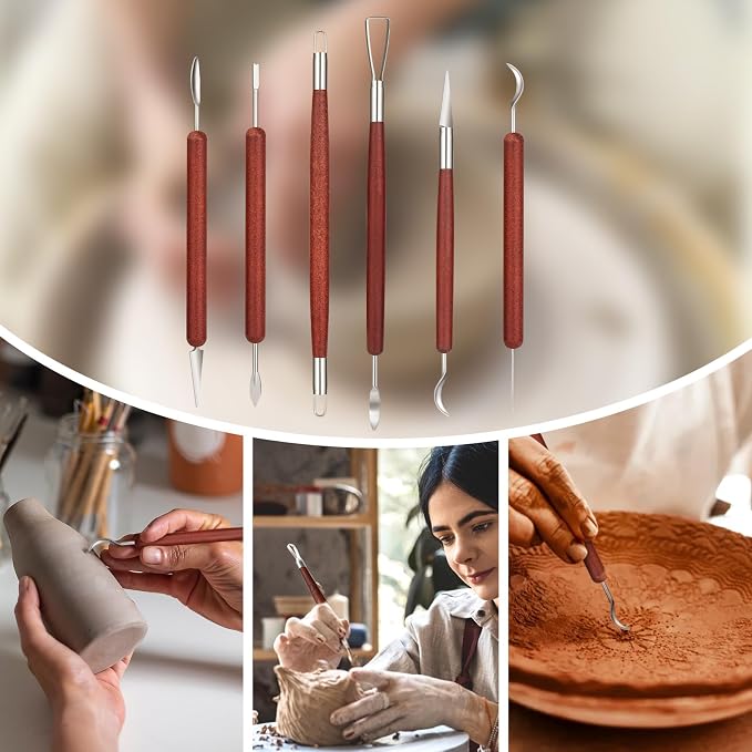 Amrules 6 Pcs Double-Ended Clay Carving Tools Set for Adults, Red | Double-Ended Stainless Steel Tips, Smooth Wood Handles, 12 Shapes for Shaping, Smoothing & Detailing, Ideal for All Levels