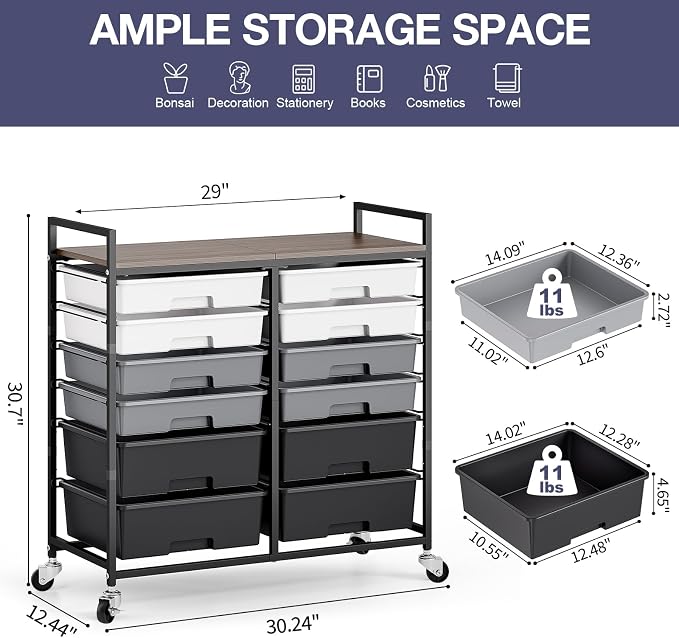 TOOLF 12 Drawers Rolling Storage Cart with Wooden Top for Classroom,Grey | Teacher Cart Craft Art Supply Organizer, Utility Cart with Lockable Wheels for Home Household Essentials, Office Organization