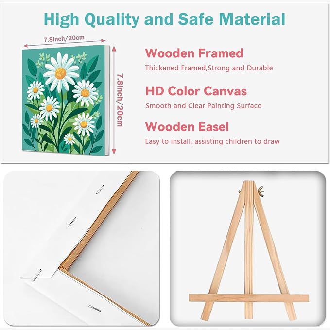 cviokrdu 4 Pack Paint by Numbers Kit for Kids with Frame - Wooden Easel, Flowers Paint by Numbers for Kids Ages 4 8 12, Easy Flower Acrylic Oil Painting Kits for Home Wall Decoration 8x8 inch