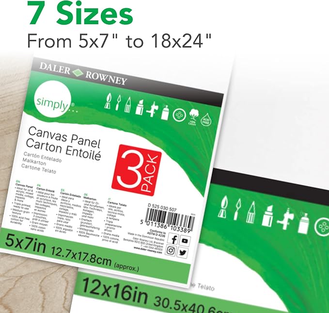 Daler-Rowney Simply Canvas Panel, 8x10 inches, 3 Pack - Artist Canvas for Oil, Acrylic, Pouring & Mixed Media - 100% Cotton, Triple Primed