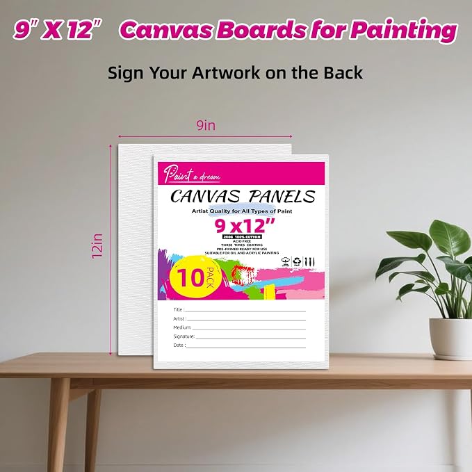 10 Pack 9"x12" Canvas Boards for Painting, Canvas Panels for Acrylics | 100% Cotton, Triple Primed Acid-Free, No Warp, Super Value Pack Panels for Birthday Party Gifts, Kids, Adults & Artists