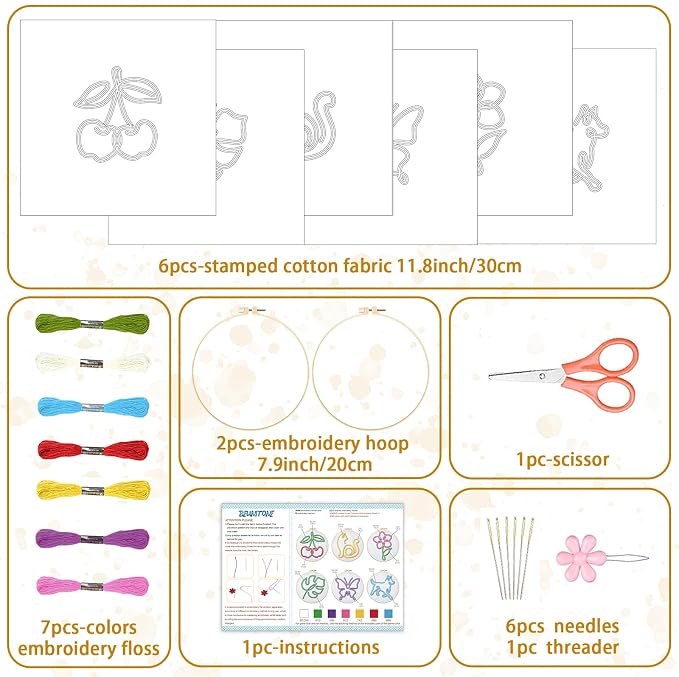 BEUNITONE Abstract Animal Embroidery Kit, 6PC Modern Line Art Needlepoint Kits with Hoops, Instructions, Threads, DIY Craft for Adults Beginners, Home Decor, Hand Embroidery Patterns for Gifts