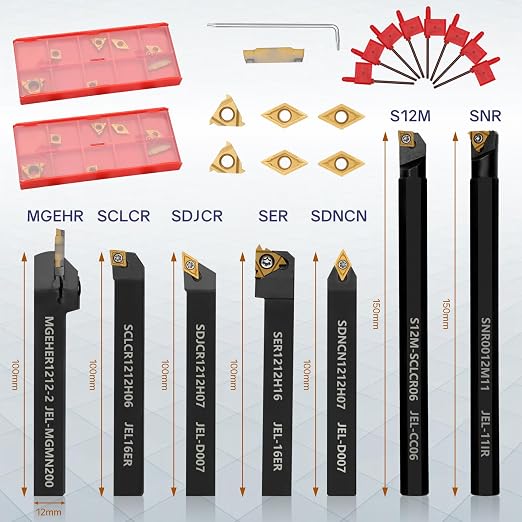 Indexable Lathe Turning Tool 21Pcs Kit 1/2'' 12mm Shank 7 Pcs Metal Lathe Tool Holder Set with 14 Pcs Turning Inserts for Turning Grooving Threading Boring Carbide Inserts Carbide Turning Tool