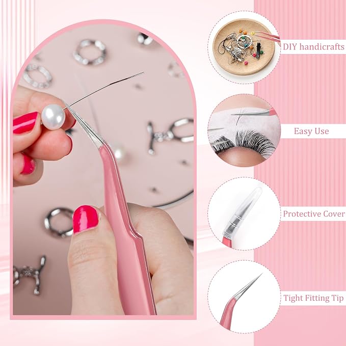 Honoson 9 Pcs Curved Pointed Craft Tweezers Precision Tweezer,Pink