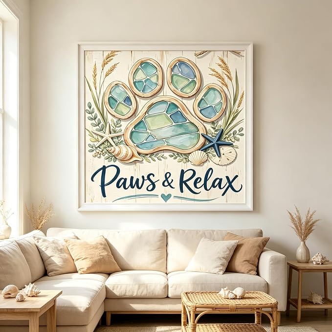 Coastal Dog Paw Diamond Painting Kits for Adults,Beach Ocean Diamond Art | DIY Full Round Drill Gem Painting Seaside Paint by Diamonds Relaxing Craft for Home Wall Decor 13.7x13.7In