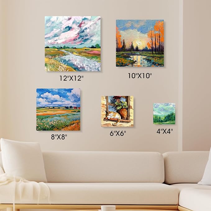FUMILE Stretched Canvas for Painting Multi 5 Pack Square Canvas 4x4, 6x6, 8x8, 10x10, 12x12(1 of Each), Cotton Primed Acid Free Blank Canvases for Oil Paint, Acrylic Paint, Gouache and Tempera.