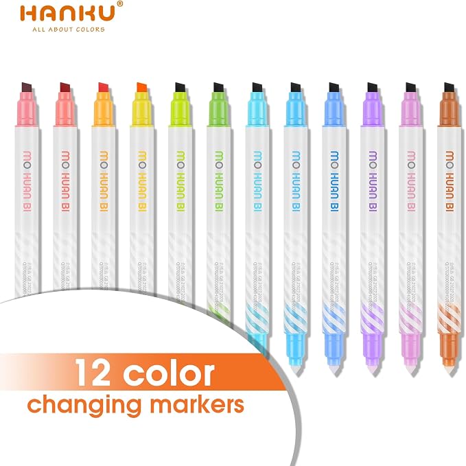 HANKU 12 Pack Color Changing Highlighter Markers, Dual-Tip Magic Highlighters, Assorted Colors Journaling Drawing School Office Art Supplies