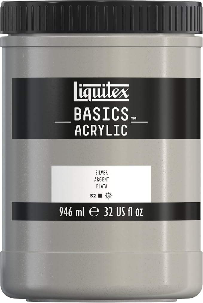 Liquitex BASICS Acrylic Paint, 32-oz Jar, Silver | Medium Viscosity, Satin Finish, Lightfast, Fine Art Pigments, Range of Opacities, Easy Blending