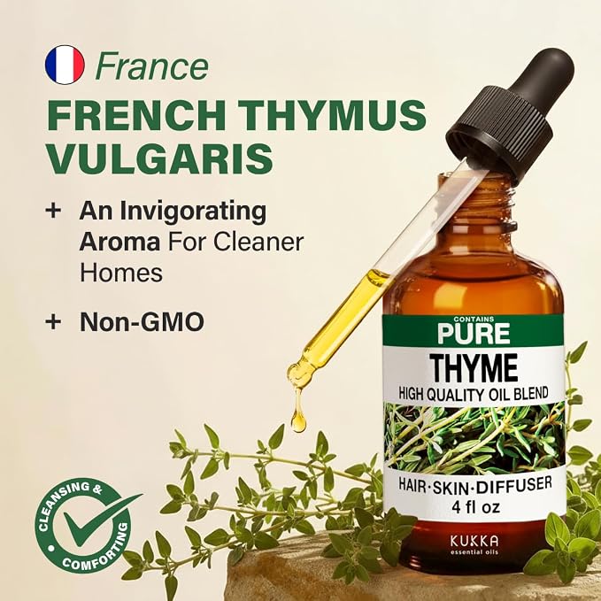 100% Pure Thyme Essential Oil 4 Fl Oz - Thyme Oil for Hair and Skin | French Undiluted Thyme Oil for Diffuser, Aromatherapy, Cleaning, Body Massage, Non-GMO, Herbaceous Aroma, with Dropper