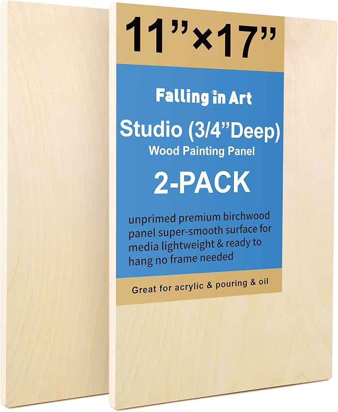 Falling in Art 2 Pack 11x17 Unfinished Birch Wood Panels Kit for Painting | Studio 3/4’’ Deep Wood Canvas, Cradle Boards for Acrylic Pouring, Art, Crafts, Epoxy Resin, Laser Engraving Cutting