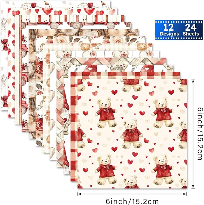 Valentine Scrapbook Paper 6×6, 24 Sheets Scrapbooking Supplies Kit, Single-Sided Patterned Cardstock Supplies for Card Making, Designer Planner Journals