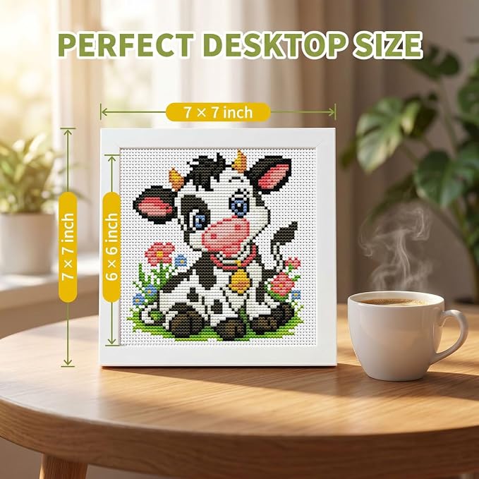 WUSARPLY Cow Stamped Cross Stitch Kits for Beginners Adults with Framed | Flowers and Grasses Needlepoint Counted Cross Stitch Kits for Beginners Adults Embroidery Kits Arts and Crafts 6 x 6 inch