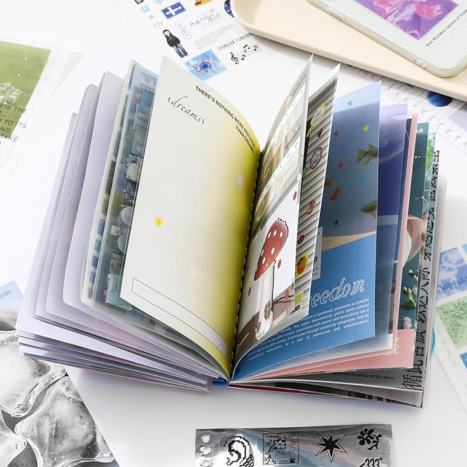 Premium Stcker Book for Scrapbooking, 65 Sheets Including Patterned, Vellum and Glitter Paper, Junk Journal Supplies for Adults with Vintage Stickers, 4.9 x 6.9 Inches