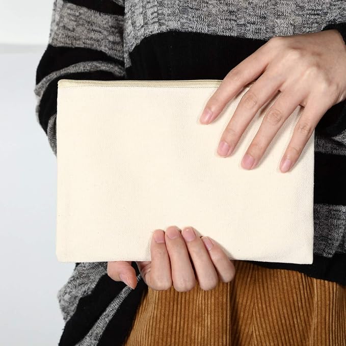 meekoo 16 Pcs Blank Canvas Zipper Pouch Makeup Bag,L;Beige and Pink