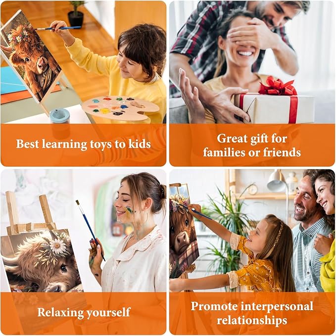 LWZAYS 4 Pack Framed Paint by Numbers Kit for Adults with Wooden Easel - Cow Easy Paint by Numbers with Frame for Beginners, Adult Paint by Number Kits Framed Canvas for Home Decor Gift 8x12 Inch