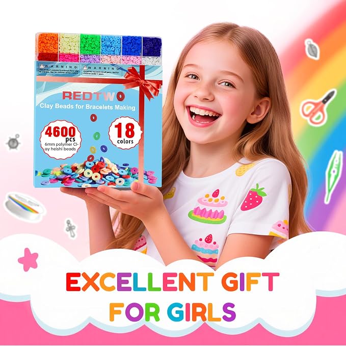 Redtwo 5100 Clay Beads Bracelet Making Kit, Flat Preppy Beads for Friendship Jewelry Making,Polymer Heishi Beads with Charms Gifts for Teen Girls Crafts for Girls Ages 8-12 | Flat Preppy Polymer Beads with Charms Gifts for Teen Girls Crafts for Girls A...