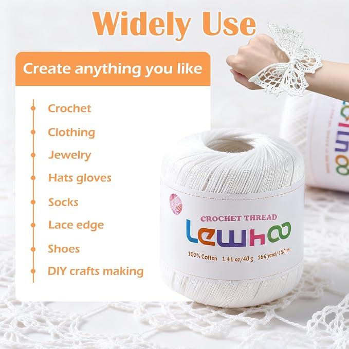 3 Pack Crochet Thread, 100% Cotton Size 3 Lace Yarn Set White