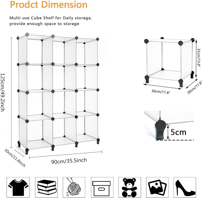 AWTATOS Closet Organizer, 12 Cube Storage Organizer, Translucent