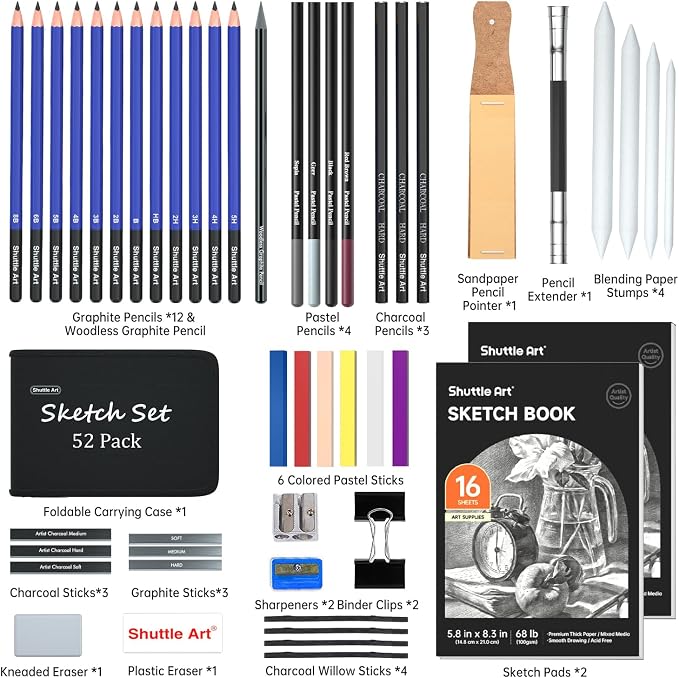 Shuttle Art 52 Pack Drawing Pencils Set, Professional Art Kit with Graphite Charcoal Sticks, Drawing Pad in Portable Case, Ideal for Kids and Adults Artists