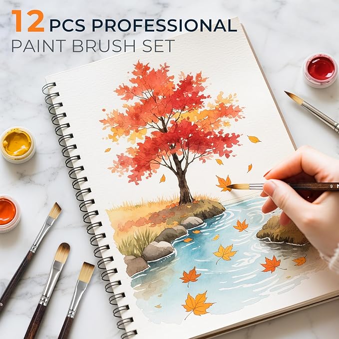 Nicpro 12PCS Artist Paint Brush Set, Paint Brushes for Acrylic Painting | Craft Paintbrushes for Oil Watercolor Gouache, Tempera, Face Body, Fabric, Model, Art Supplies for Artists Beginners (Wood)